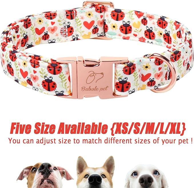 Cute Dog Collar for Large Dogs - Red Ladybug & Blooms Dog Collars, Adjustable Heavy Duty Pet Collar for Dog Moms & Kids with Metal Buckle L
