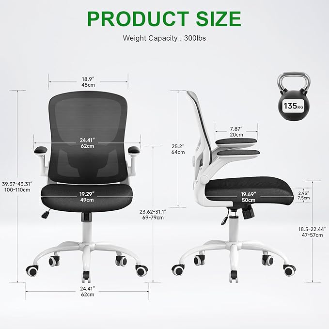 Ergonomic Office Chair High Back with Adjustable Lumbar Support, Mesh Computer Chair,Headrest and Flip-Up Arms for Executive, 90-120° Tilt Swivel Rolling Task Chairs(White-black6076)