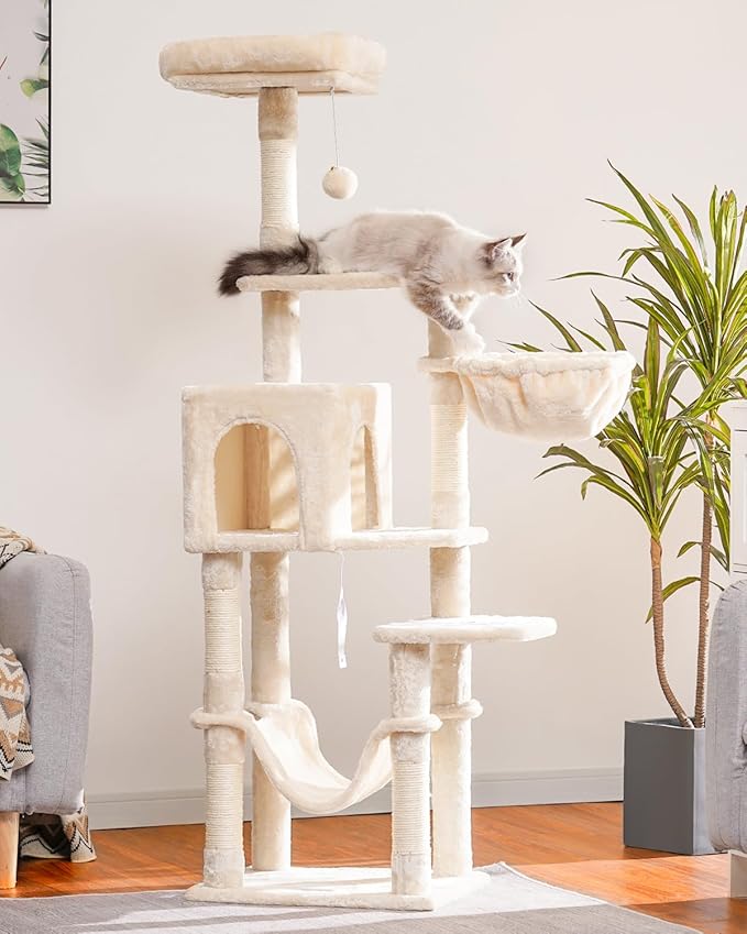 Hey-brother Cat Tree with Large Hammock, Multi-Level Cat Tower for Indoor Cats, Cat Condo with Sisal-Covered Scratching Posts and Top Perch, Beige MPJ050M