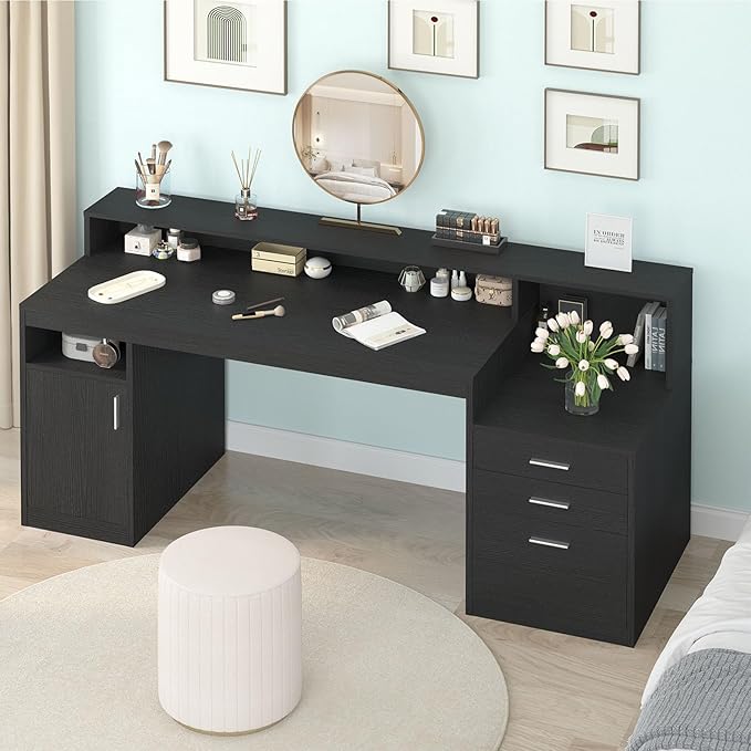 Computer Desk with 3 Drawer & Storage Shelves, Home Office Desk with File Drawer & Cabinet, Writing Study Table with Long Monitor Stand & Printer Shelf, Executive Desk, Black