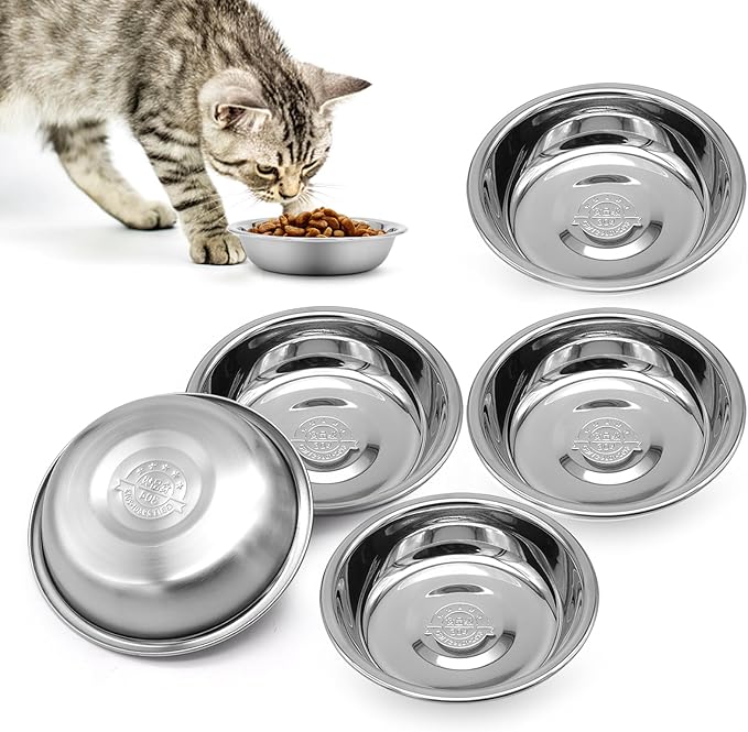 5 PCS Stainless Steel Cat Bowl-Shallow Wide Flat Cats Food Bowls,Metal Kitten Dishes Whisker Friendly Fatigue Relief,Replacement Basic Kitty Plates for Elevated Stand,Dishwasher Safe…