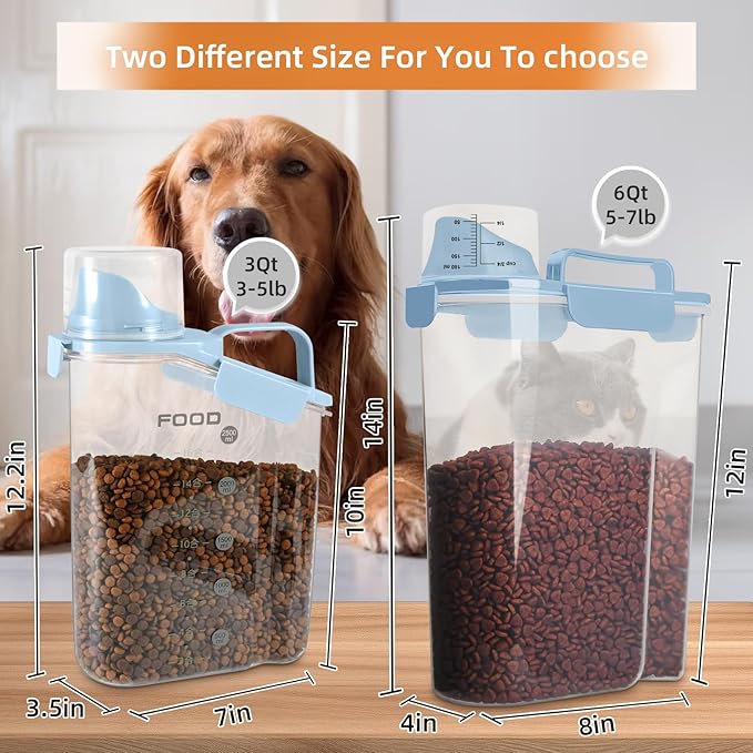 5-7Lbs Small Cat Dog Food Storage Containers BPA Free, Airtight Pet Food Storage Containers with Large Pour Spout/1 Measuring Cup/ 4 Safety Locks and double-layer silicone strip (Elegant Blue)