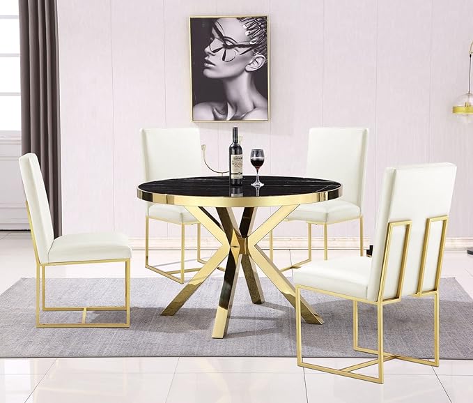 AUZ Dining Chairs Set of 6, White Faux Leather Dining Room Chairs with Gold Stainless Steel Sled Legs