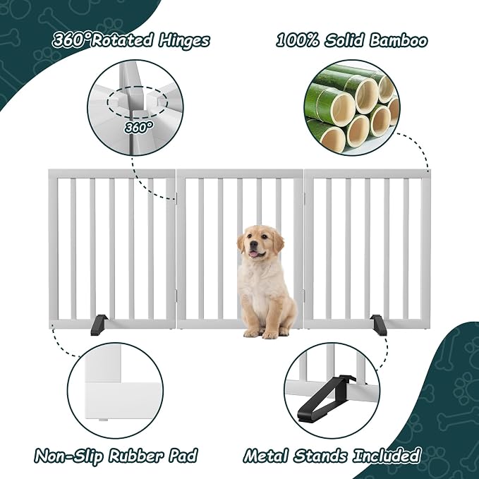 Semiocthome Bamboo Freestanding Dog Gates for Doorways,3-Panel Indoor Puppy Gates for the House with 2 Metal Stands,24"H Folding Pet Gate for Stairs Expands Up to 55"W Fully Assembled Stair Gate White