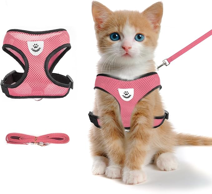 shudyear Summer cat Chest Harness and Leash, Anti-Escape Adjustable Soft mesh cat Leash and Chest Harness Set for All Types of Cats cat Vests (Size S,Pink)