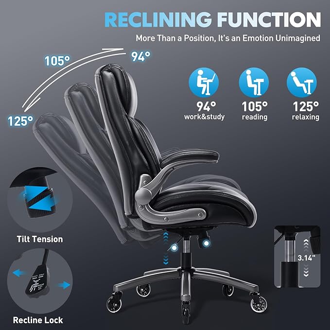 Ergonomic High-Back Executive Office Chairs, Heavy Duty Home Computer Chair with Lumbar Support, Flip-Up Arms, and PU Leather Upholstery, Black