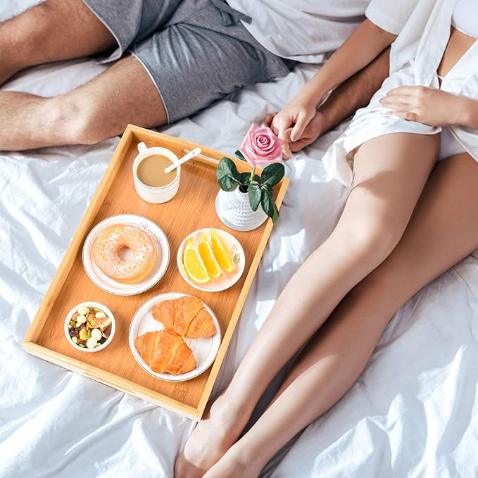 3 Pack Bamboo Serving Trays with Handles, Rectangular Kitchen Food Tray for Eating, Dinner Trays for Eating on Couch, Wood Serving Platter for Breakfast, Tea, Bar, Restaurant, Party or Bed (Beige)