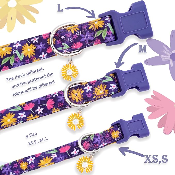 Faygarsle Cotton Dog Collar Cute Dog Collars for Small Medium Large Dogs Purple Yellow Floral Colored Options Soft and Fancy Pet Collars for Girls Flower Pattern for Girl Dog Collar L