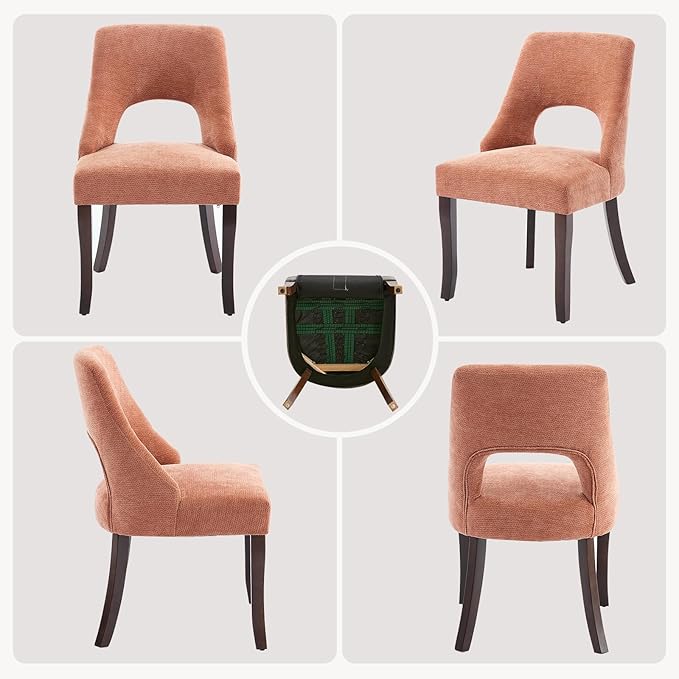 UVV Wooden Dining Chairs Set of 4, Mid Century Modern Upholstered Dining Room Chair Kitchen Chairs, Chenille Dinner Chair with Solid Wood Legs for Kitchen Dining Room, Orange-Chenille
