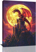 Dragon Bathroom Pictures Wall Art, Red Dragon Castle Bathroom Wall Decor, Framed Painting Canvas Artwork for Bedroom Living Room Decorations 24"L x 16"W