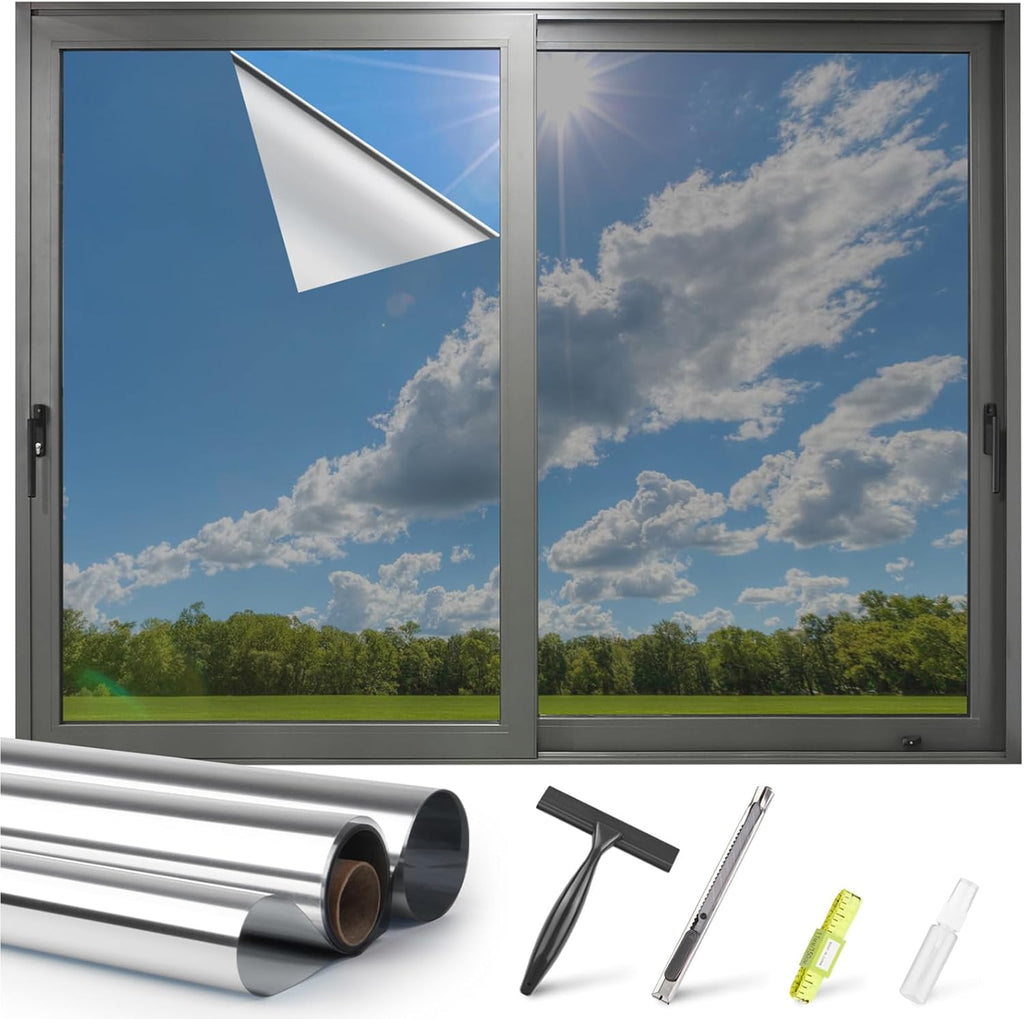 Kromapolis One Way Window Privacy Film Reflective Mirror Home Window Tint, Daytime Privacy Heat Control Anti UV Glass Tinting Static Cling (Silver, 17.5 x 78.7 inch)