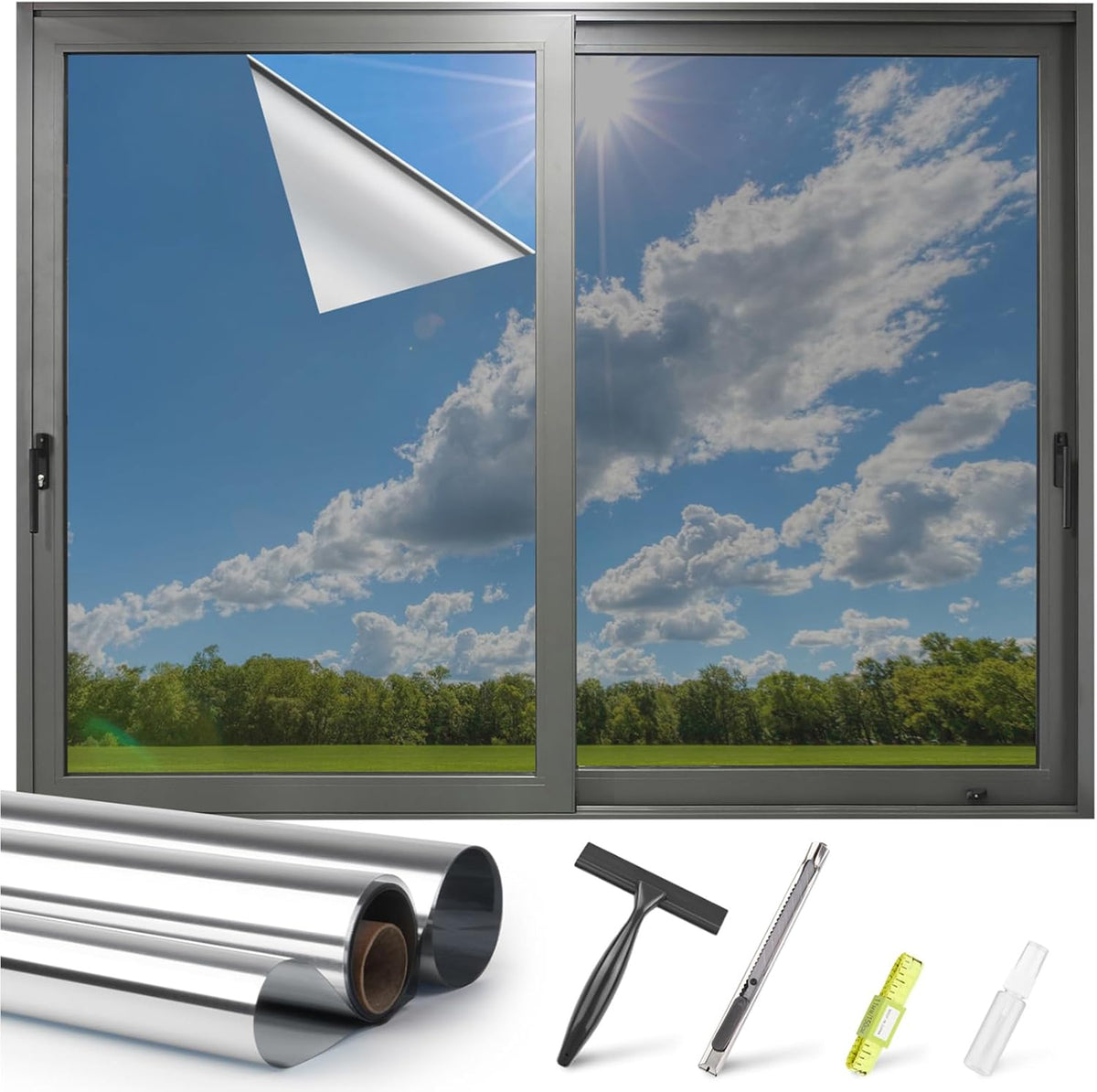 Kromapolis One Way Window Privacy Film Reflective Mirror Home Window Tint, Daytime Privacy Heat Control Anti UV Glass Tinting Static Cling (Silver, 29.5 x 157.4 inch)
