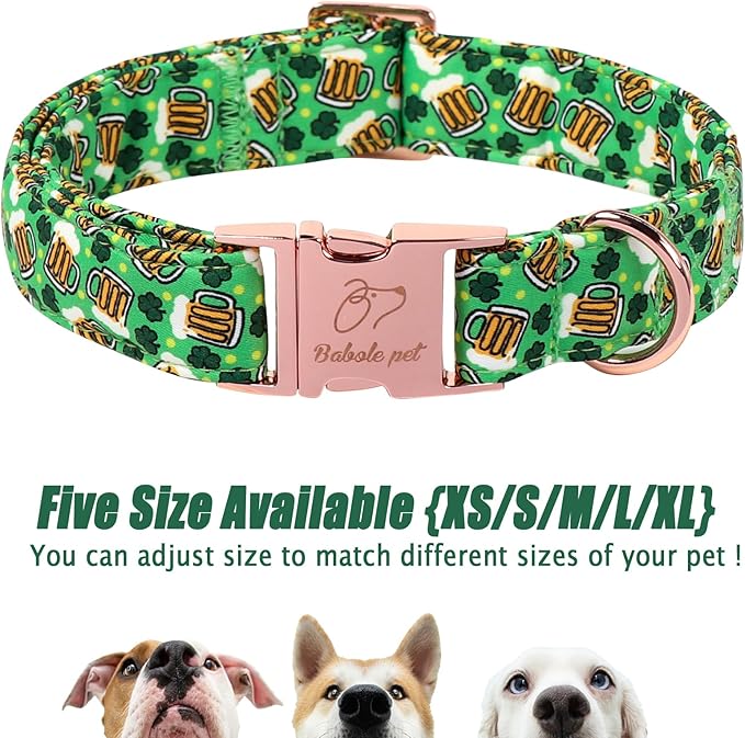St. Patrick's Day Dog Collar, Beer & Clover Green Dog Collars, Adjustable Heavy Duty Irish Shamrock Pet Collar for Small Medium Large Dogs with Metal Buckle XL