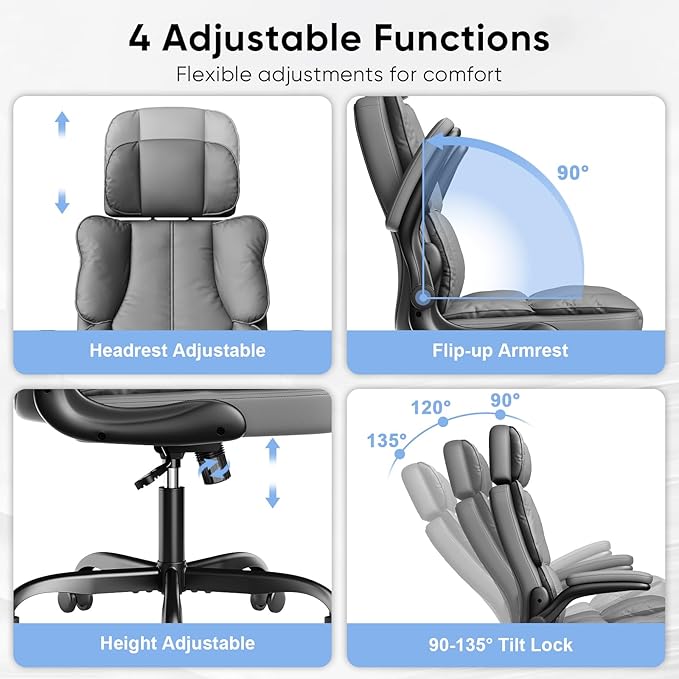 Executive Leather Office Chair, Computer Chair with Thick Cushion & Lumbar Support, Ergonomic Desk Chair with Adjustable Headrest & Armrests,Grey