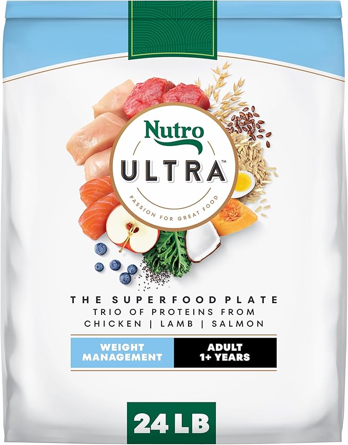 Nutro Ultra Adult Weight Management Dry Dog Food, Chicken, Lamb and Salmon Protein Trio, 24 lb Bag