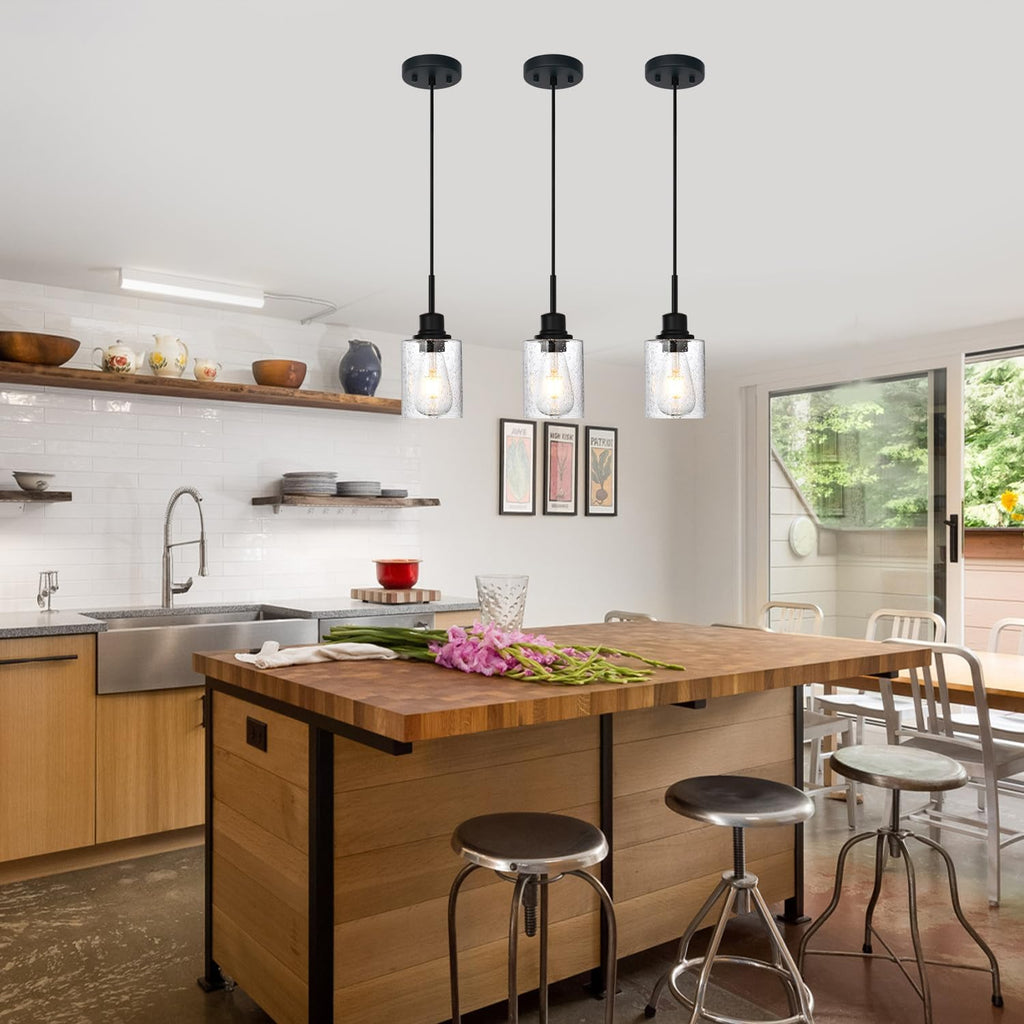 Modern Farmhouse Mini Chandeliers 3 Pack Black Pendant Lights Kitchen Island with Seeded Glass, Dining Room Lighting Fixtures Hanging Ceiling for Sink Bar Hallway Porch Corridor Bedroom