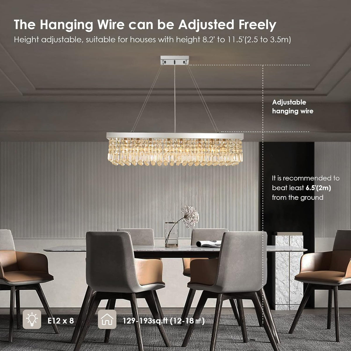 Siljoy Modern Rectangular Crystal Chandeliers 8 Lights Rectangle Raindrop Pendant Ceiling Light Fixture for Kitchen Island Dining Room, Adjustable Height, Polished Chrome Finish, L40 x W10 x H10