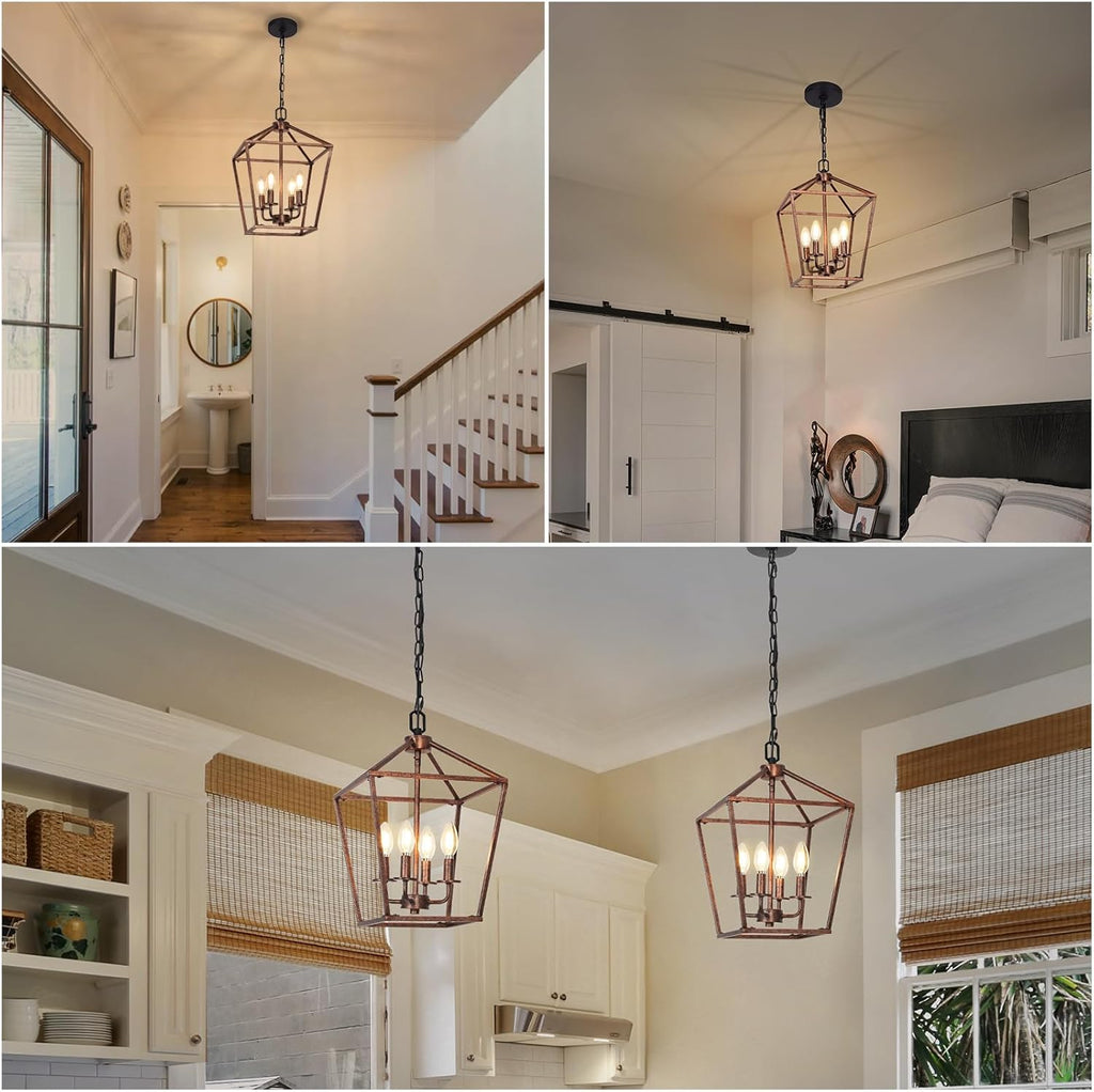 Chandelier for Dining Room, 4-Light Rustic Chandelier Fixtures, Vintage Ceiling Light with Adjustable Height, Antique Bronze Geometric Hanging Light for Bedroom, Foyer, Kitchen, Living Room, Entryway