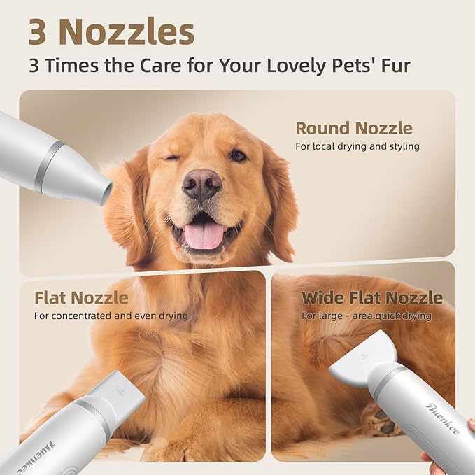 Dog Dryer Handheld Pet Hair Dryer: 3HP High-Velocity Blower with 3 Speeds & 4 Temps Lightweight, Quiet Design. Portable Blow for Travel & Home Grooming. Includes 3 Nozzles (White).