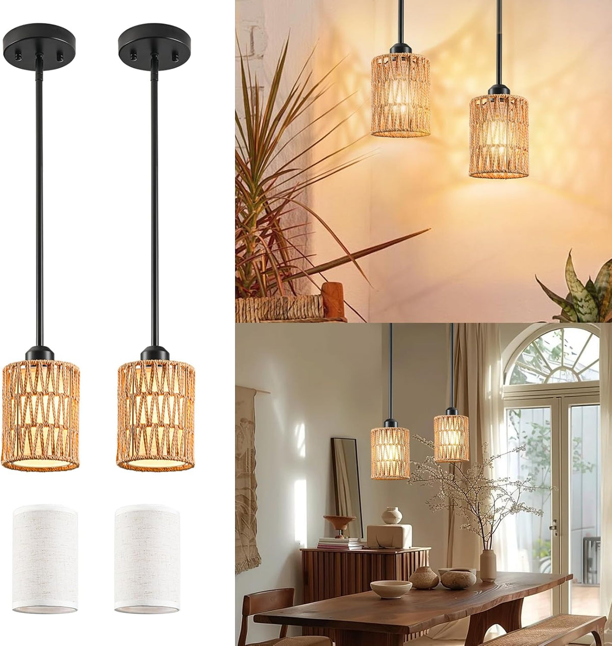 Pendant Light Boho Hanging Lamp - Rattan & Linen 2-in-1 Shade, Adjustable Hanging Lights Fixture for Kitchen Island, Dining Room, Farmhouse, Bedroom (2 Pack)