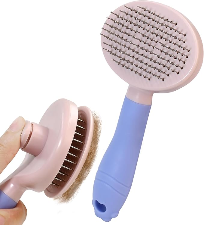 Pet Self-Cleaning Slicker Brush for Dogs & Cats, Deshedding Grooming Comb, Removes Loose Undercoat Hair & Mats, Skin-Friendly Massaging Tool for Long/Short Fur, Large & Small Breeds (Purple)