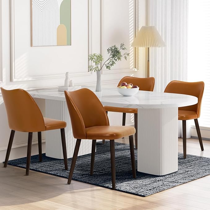 Wooden Dining Chairs Set of 4, Upholstered Kitchen Dining Room Chair, Modern Faux Leather Farmhouse Dinner Chair for Restaurant & Cafe, Light Brown