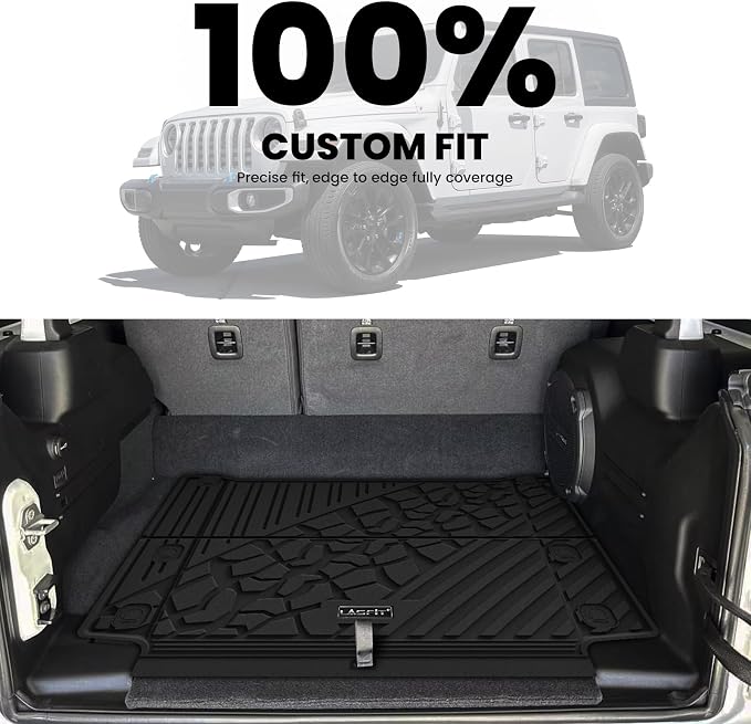 LASFIT Trunk Mat for Jeep Wrangler Unlimited 4XE 2021-2024 2025 4 Door with Subwoofer, Plug-in Hybrid EV-Gas (PHEV), All Weather TPE Custom Fit Cargo Mat Trunk Liner Cargo Liner, Black