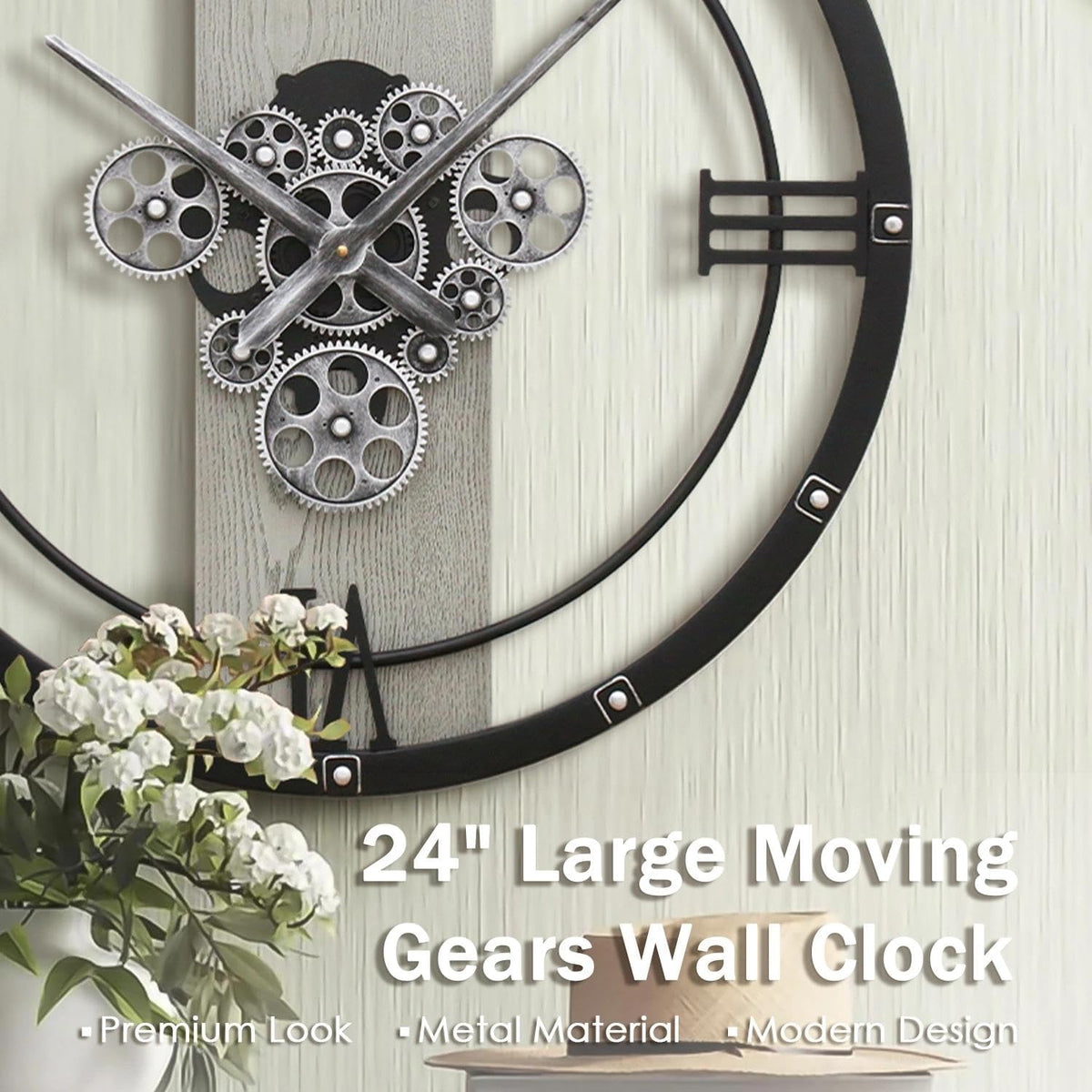 Micasso 24 inch Large Real Moving Gears Wall Clock: Black Industrial Steampunk Roman Numeral Clock - Modern Wall Decor for Living Room/Entryway/Office