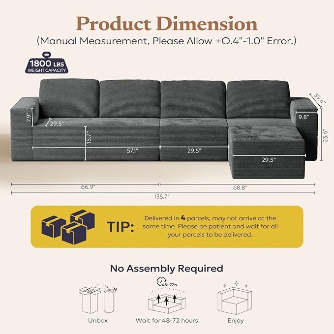 136" Cloud Sectional Couch, Left/Right Facing Convertible Sofa with Deep Seat, L-Shape Modular Upholstered Foam Couch for Living Room Bedroom, No Assembly Required (Corduroy Fabric, Grey)