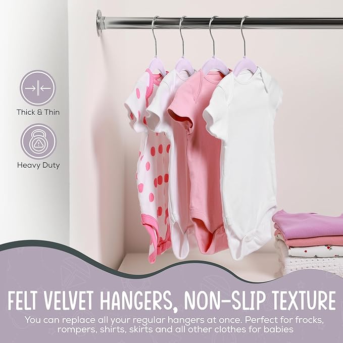 50 Premium Velvet Baby Hangers 11.8" Inch Non-Slip Infant, Ultra Slim Space-Saving Children Closet Hangers, 360° Swivel Hook, Strong & Durable Baby Toddler Kids Clothes Hanger, Purple