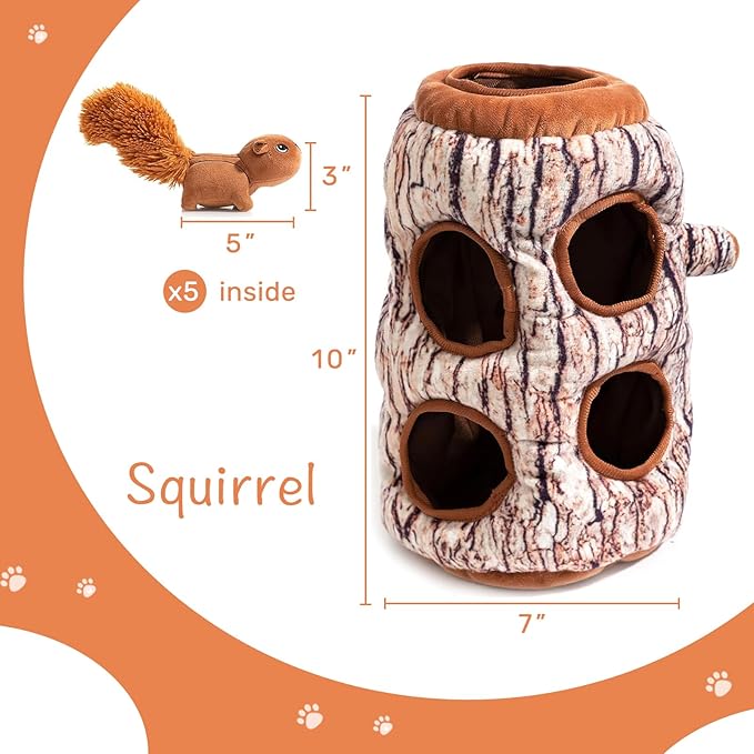 Hollypet Hide and Seek Squeaky Dog Toy, Designed Interactive Puzzle Plush Stuffed Puppy Toy, Squirrel