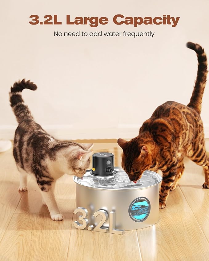 Cat Water Fountain Wireless Cordless: Cat Fountain Battery Operated - Stainless Steel Pet Water Fountain Rechargeable - 108oz/3.2L Automatic Cats Fountains for Drinking with Motion Sensor - Cats & Dog