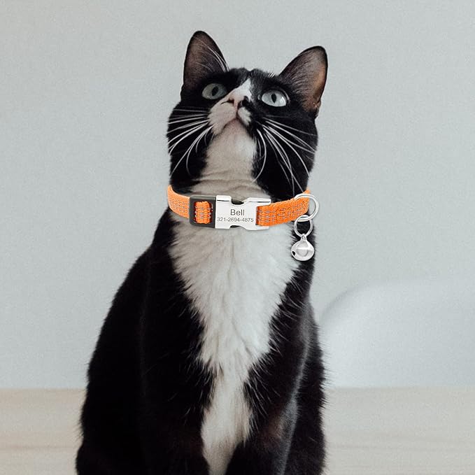 Personalized Reflective Nylon Cat Collar with Name Phone,Custom Engraved Buckle Cat Collar with Bell,Adjustable for Small Dogs Puppy Kitten (Orange,fit 7.5''-12.0'')