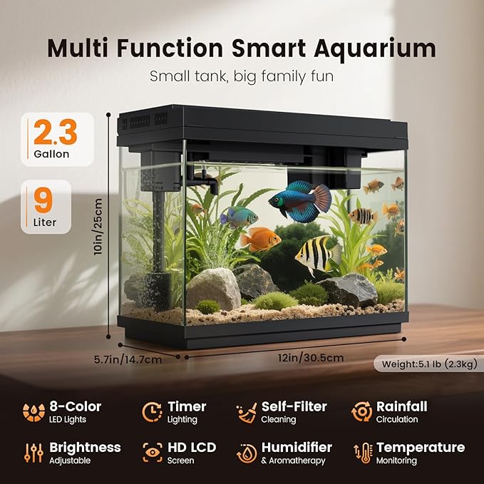 Fishkeeper 2.3G Smart Aquarium - Ultra Clear Glass Fish Tank w/Auto Timer 8-Color RGB Lights, 4-in-1 Self-Cleaning Silent Water Pump, Aromatherapy, Temperature Display, Perfect for Desktop Decor