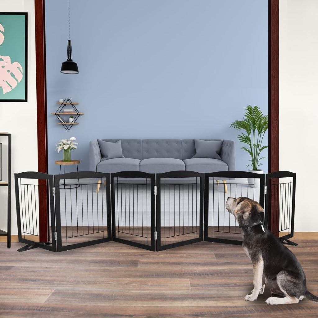 ZJSF Freestanding Dog Fence Indoor, Foldable Dog Gate for Doorways, Stairs or Hallways, Sturdy Wood Extra Wide Pet Gate with Support Feet for The House, Black, 24 "Height-6 Panels