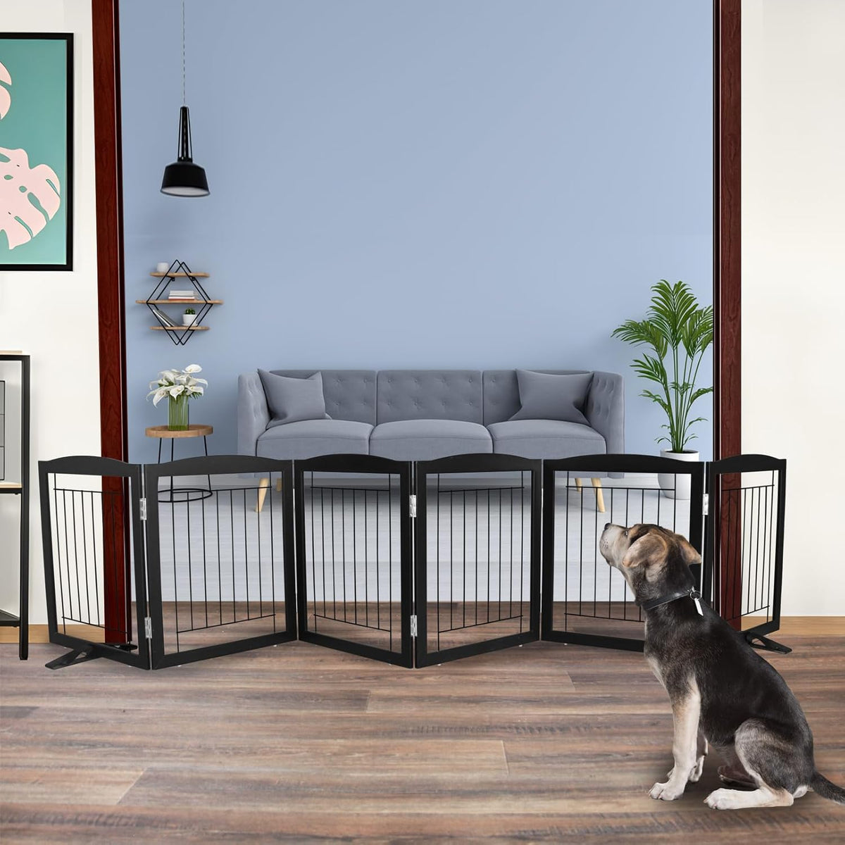 ZJSF Freestanding Dog Fence Indoor, Foldable Dog Gate for Doorways, Stairs or Hallways, Sturdy Wood Extra Wide Pet Gate with Support Feet for The House, Black, 24 "Height-6 Panels