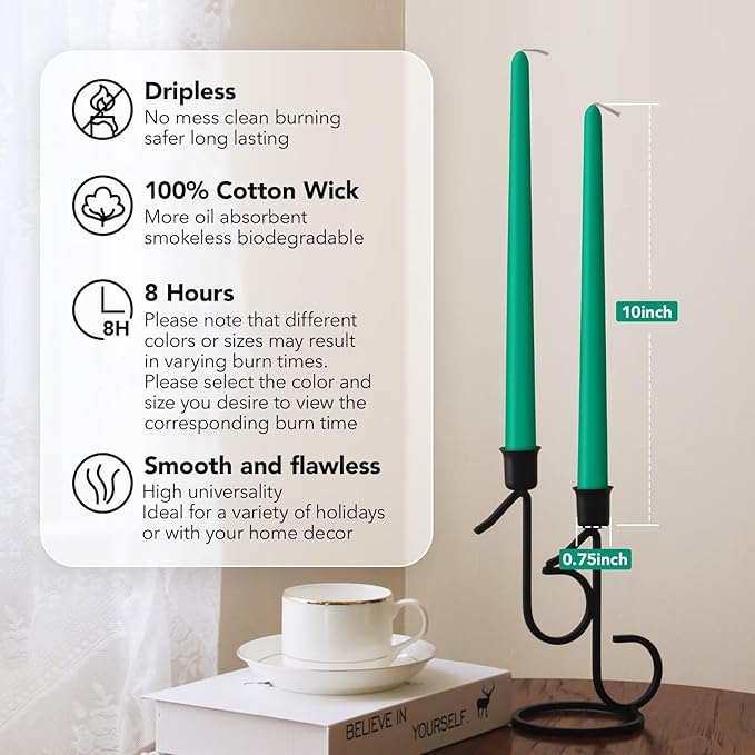 New Burning Formula Unscented Dripless 10-Inch Taper Candles Set of 12 - Emerald, for Wedding, Dinner - Smokeless, Long Burning - Hand Poured, Colored Tall Candlesticks - Esmeralda