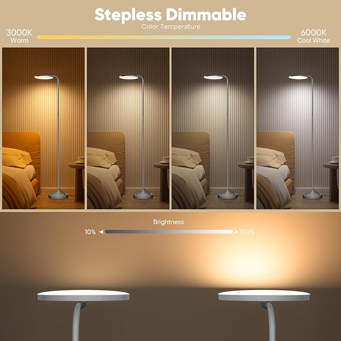 36W LED Floor Lamp, Super Bright Standing Lamp, Modern Stepless Dimmable Torchiere Tall Lamp with Remote Control, 350°Rotating Head Reading Floor Lamp for Living Room, Bedroom - Silvery Grey