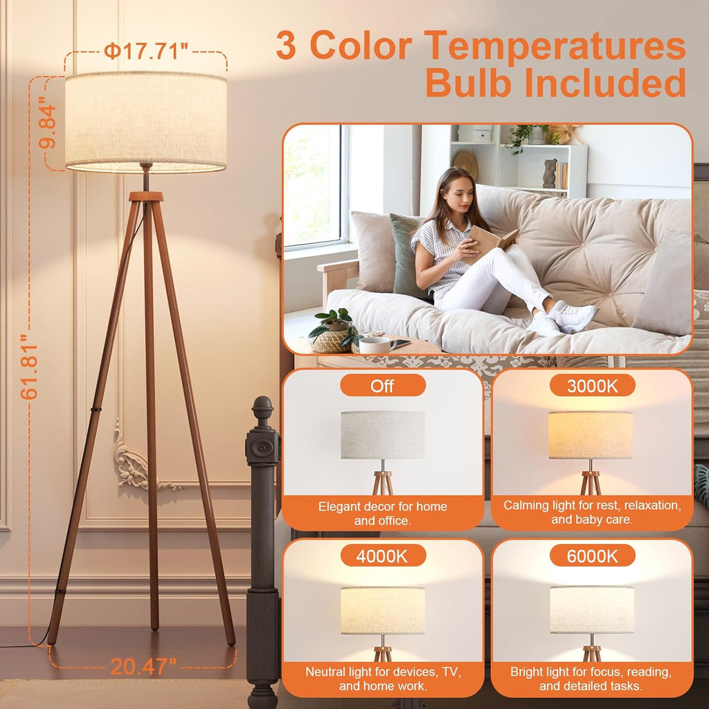 LiteHistory Wood Tripod Floor Lamps for Living Room, Bedroom, and Office,Standing lamp with Beige Linen Shade, 12W Three-Color Bulb Included, Pull Chain Switch, Tall lamp for Mothers Day Gifts, Brown