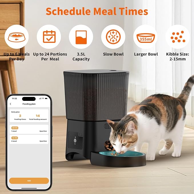 HoneyGuaridan Automatic Cat Feeder, 5G WiFi Cat Food Dispenser with App Control, Timed Feeder with Stainless Steel Bowl and Slow Bowl, Desiccant Bag