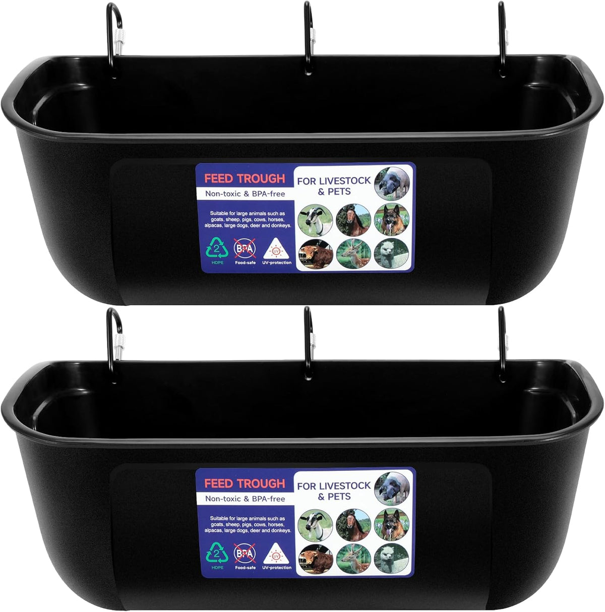 Goovilla Large Feed Trough, Hanging or Screw-in Fence Feeder with Clips, 2 Pack 9 Quart Goat Feeder Supplies, Dog Horse Hog Pig Livestock Poultry Plastic Feeder Trough Bucket for Large Animal, Black
