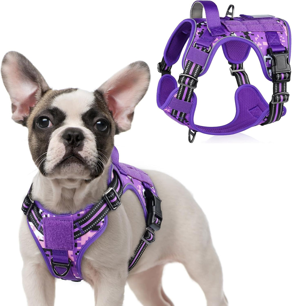 rabbitgoo Tactical Dog Harness for Small Dogs, No Pull Military Service Vest with Handle & Molle, Easy Control for Training Walking, Adjustable Reflective Straps, Purple Camo, S