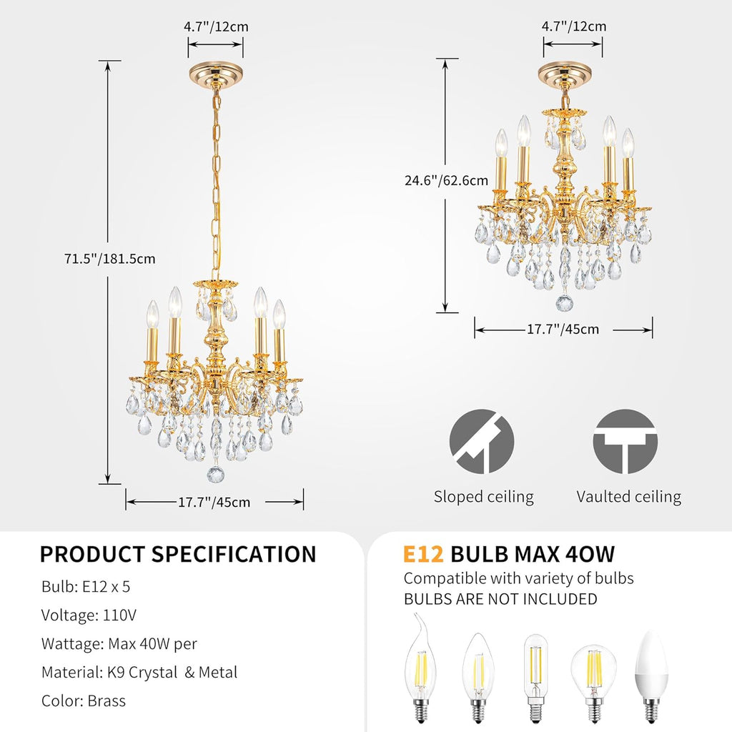 French K9 Crystal Maria Theresa Chandeliers, Luxury Vintage Pendant Light Fixture for Dining Room, Living Room, D17.7*H25~72 inch (Adjustable), Clear Crystal & Brass Finish Frame