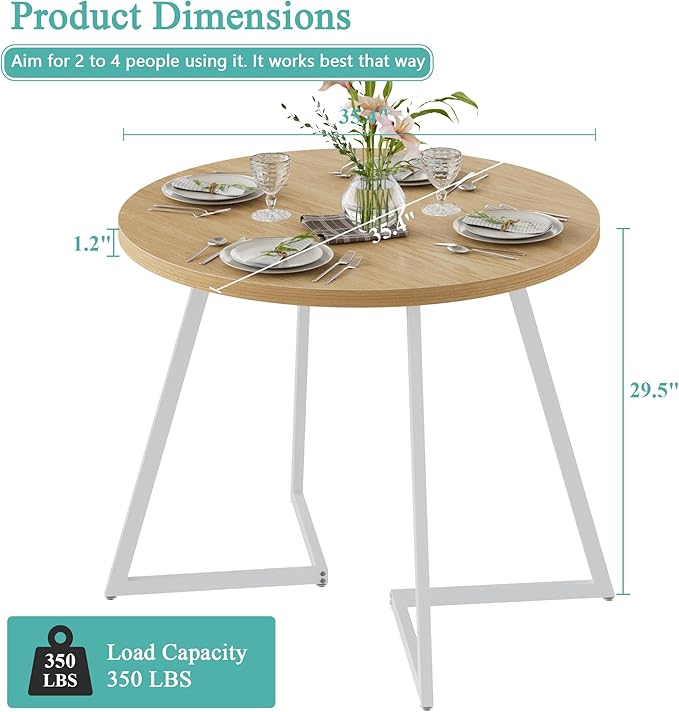VECELO 35" Round Dining Table for 4, Wood-Grain Tabletop & Heavy-Duty Steel Frame, for Kitchen, Living Room, Easy Assembly, Natural & White