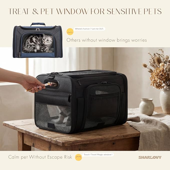 Top-Side Expandable Pet Carrier, Treat Window,18x11x11 Airline Approved | for Delta American United,Soft-Sided Cat Carrier,Anti-Scratch Mesh,Lockable Zippers,Dog Carrier for Kitten,Rabbit,Puppy,Black