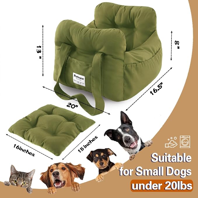 Dog Car Seat for Small Dogs, Portable Puppy Car Seat of Easy Installation, Fashionable Pet Carrier Bag with Large Pockets, Machine Washable Dog Booster Seat (Army Green)