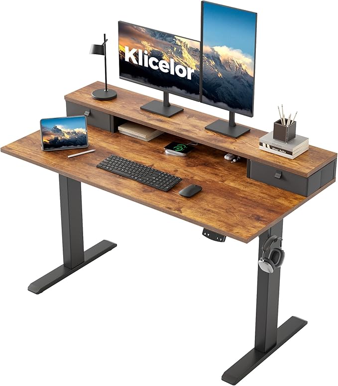 Klicelor 48 Inch Electric Standing Desk with Drawers, Adjustable Height Small Sit Stand Desk for Home Office, Compact Computer Workstation with Storage– Rustic Brown