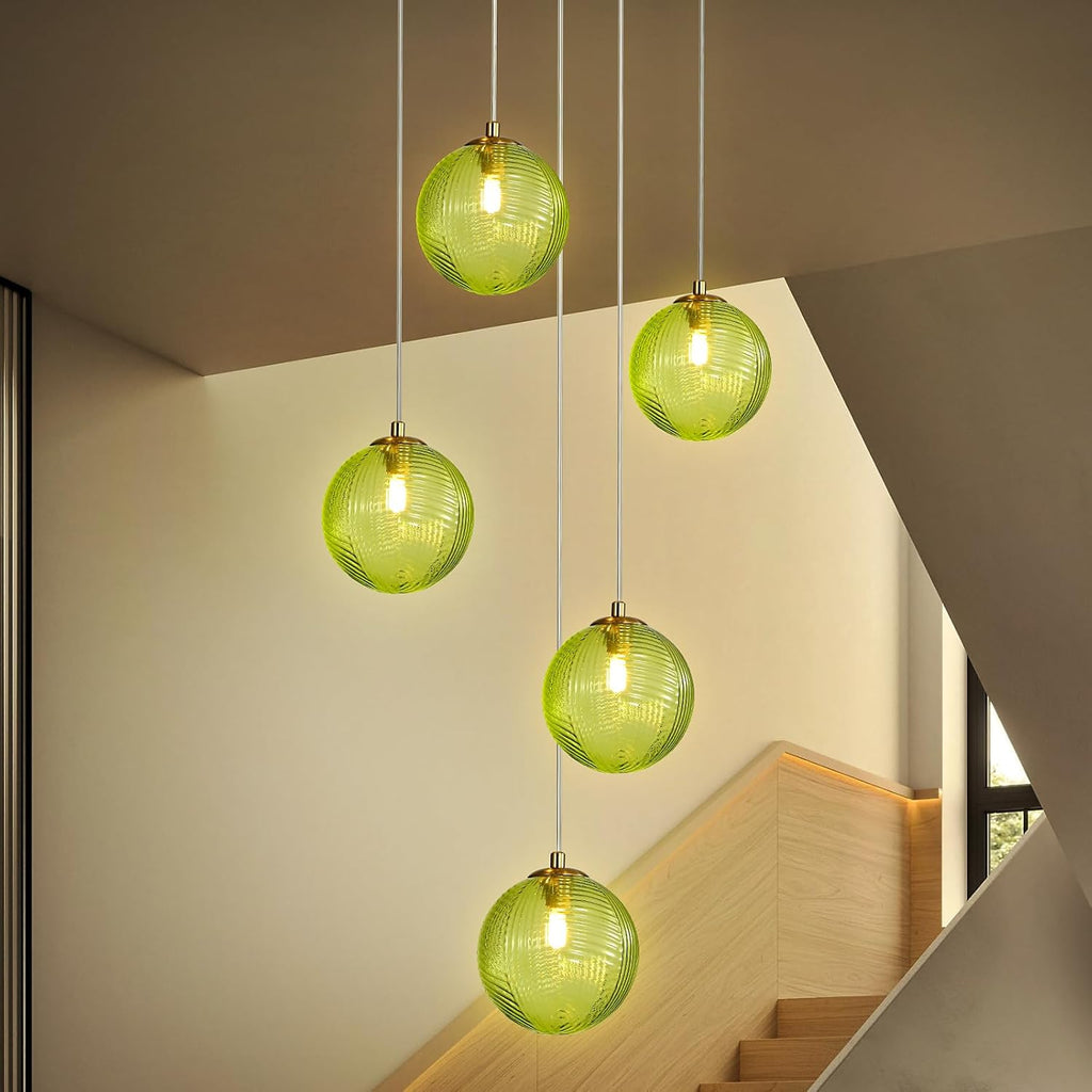 5-Light Chandelier, Globe Green Glass Flush Mount Pendant Light,15W Ceiling Hanging Light for Staircase Foyer Entryway Living Room Hotel Kitchen Island（3000K,G9 Bulbs Include）