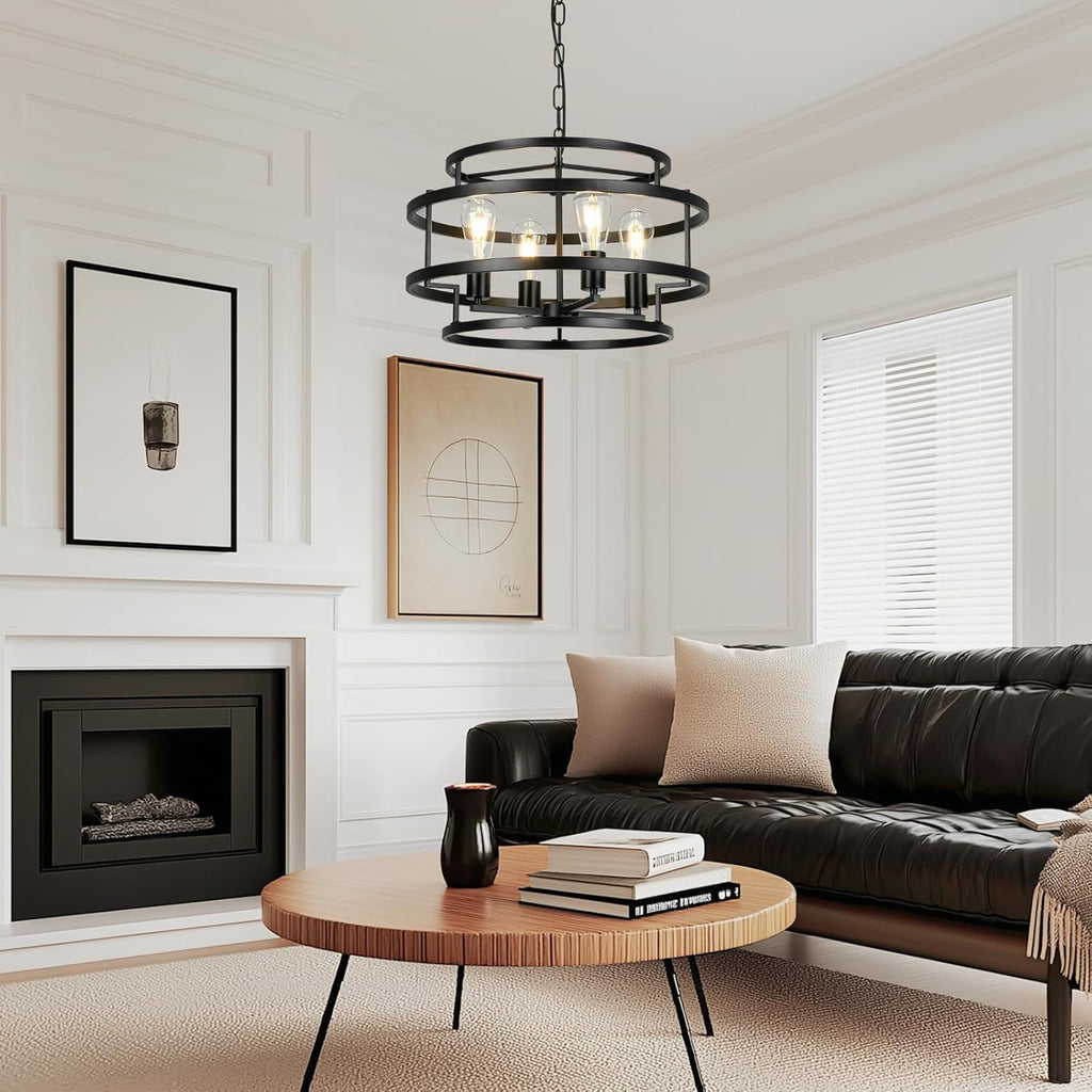 4-Light Black Chandelier for Dining Room, 19.7" Modern Farmhouse Pendant Light with Geometric Metal Frame, Industrial Flush Mount Ceiling Light for Living Room, Bedroom, Kitchen Island, Hallway, Foyer