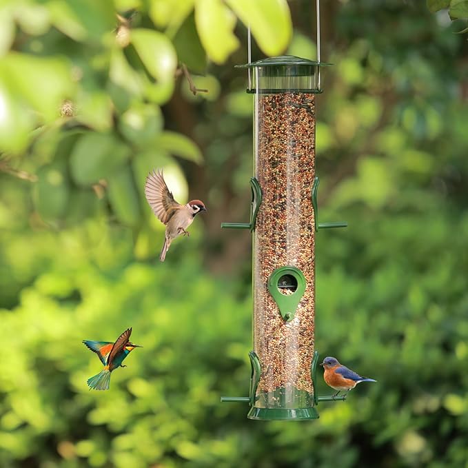 2 Packs Green Bird Feeder Tube Hanging Feeders, 6 Port Wild Bird Feeders Premium Hard Plastic with Steel Hanger Weatherproof and Water Resistant Great for Attracting Birds 18.2 Inches Large